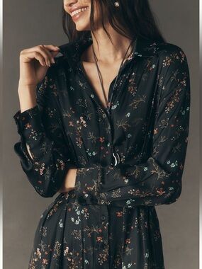 Exquise Tobie Mini Shirt Dress Long-Sleeve Collared Button Front New Large Black